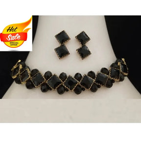 Premium Quality Black Stones Choker Necklace With Earrings Set